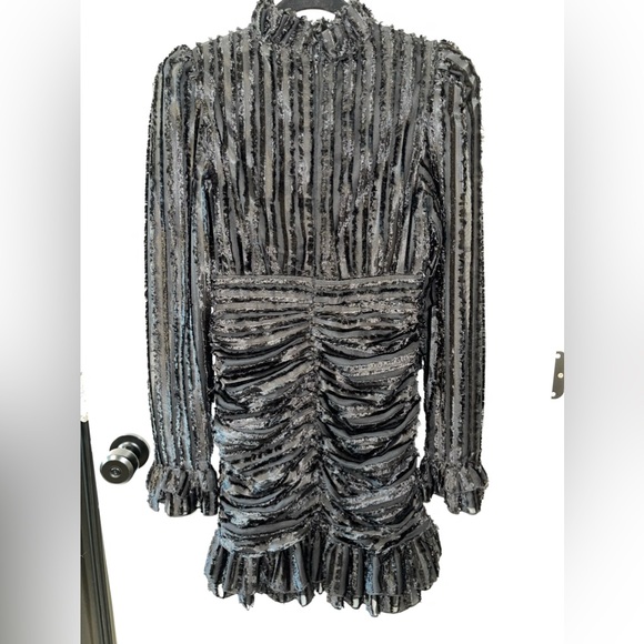 Black Velvet Ruffle Mini Dress with Sheer Detailing - Picture 2 of 5